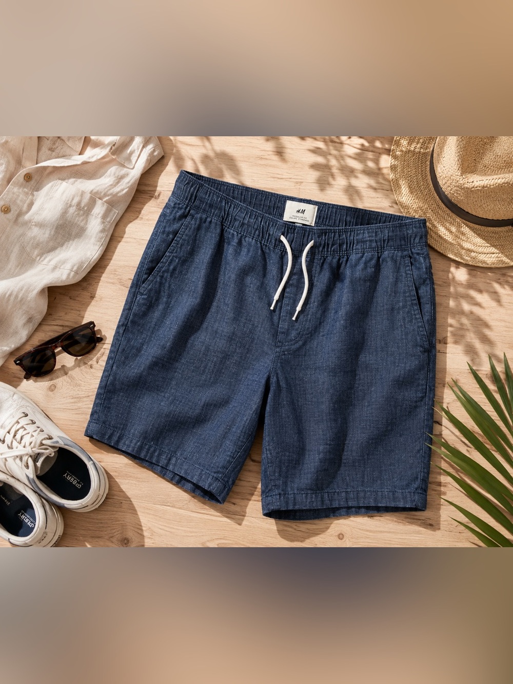 H&M Men’s L Blue Chambray Cotton 9” Drawstring Shorts